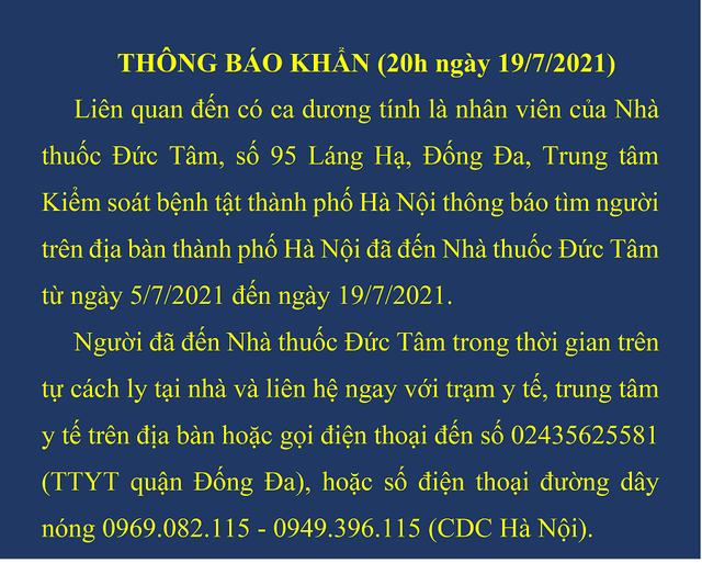 Hà Nội thông báo khẩn tìm người đến nhà thuốc 95 Láng Hạ - Ảnh 1. Hà Nội thông báo khẩn tìm người đến nhà thuốc 95 Láng Hạ - Ảnh 1.